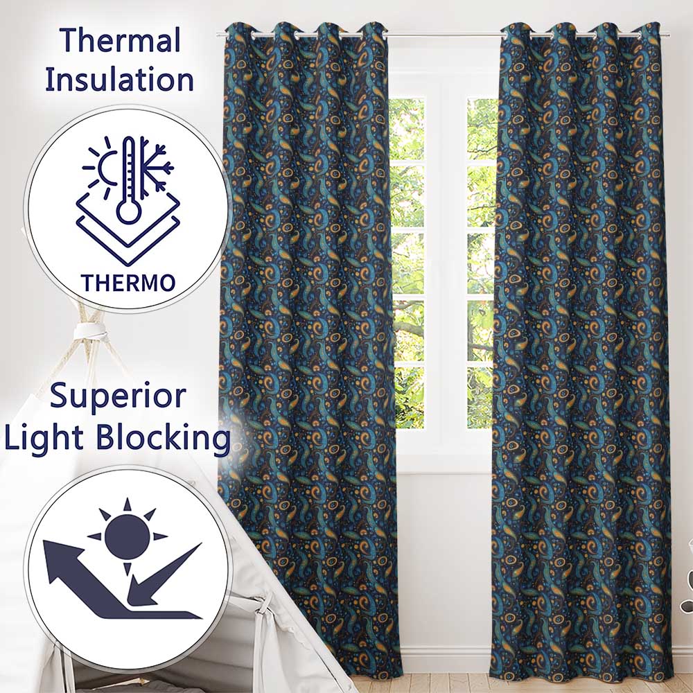 Blue Gold Paisley Ornate Floral Pattern Elegant Vintage Textile Design  Readymade Eyelet Ring Top Thermal 100% Blackout Curtains