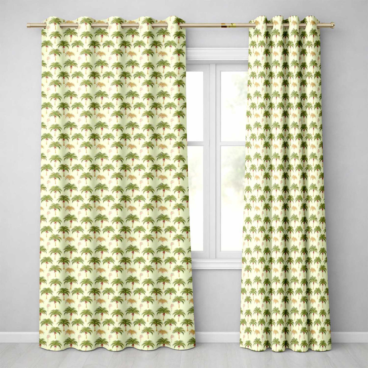Minimal Green Palm Tree Repeating Pattern Soft Tropical Neutral Textile Design  Readymade Eyelet Ring Top Thermal 100% Blackout Curtains