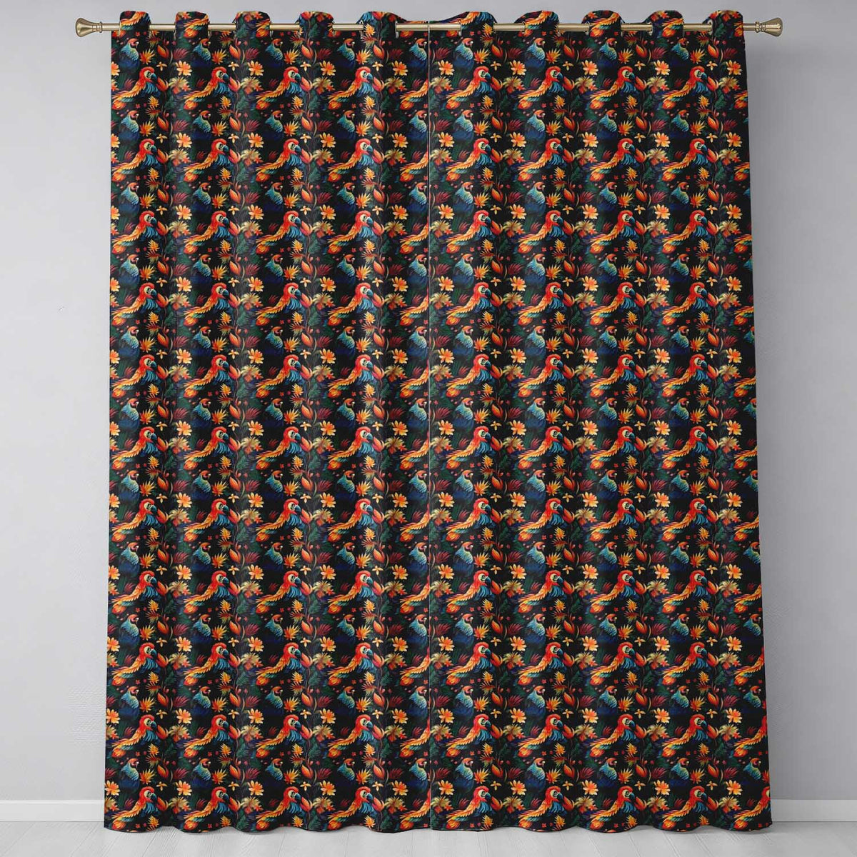 Colorful Tropical Parrot Floral Jungle Seamless Pattern Exotic Bird Textile  Readymade Eyelet Ring Top Thermal 100% Blackout Curtains