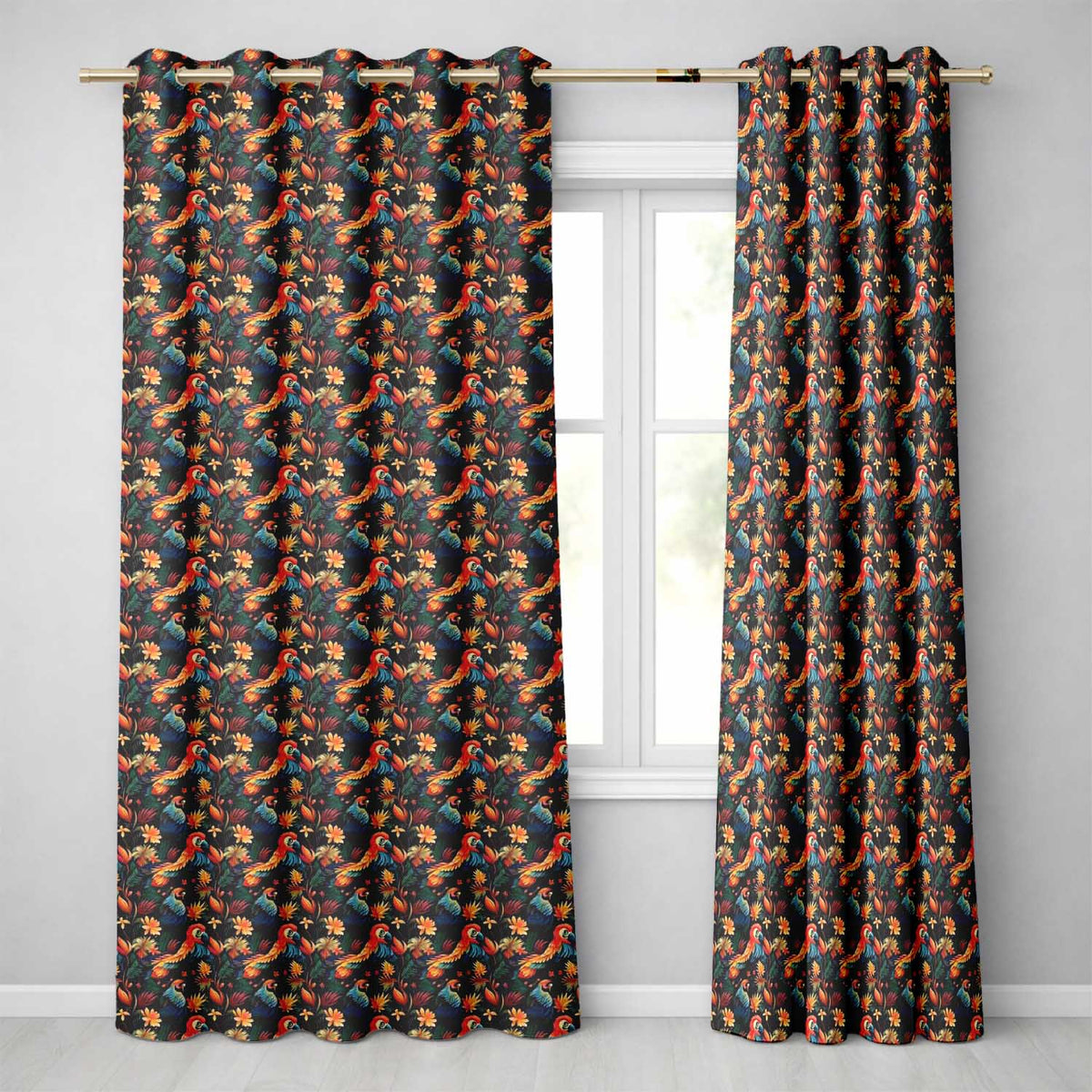 Colorful Tropical Parrot Floral Jungle Seamless Pattern Exotic Bird Textile  Readymade Eyelet Ring Top Thermal 100% Blackout Curtains