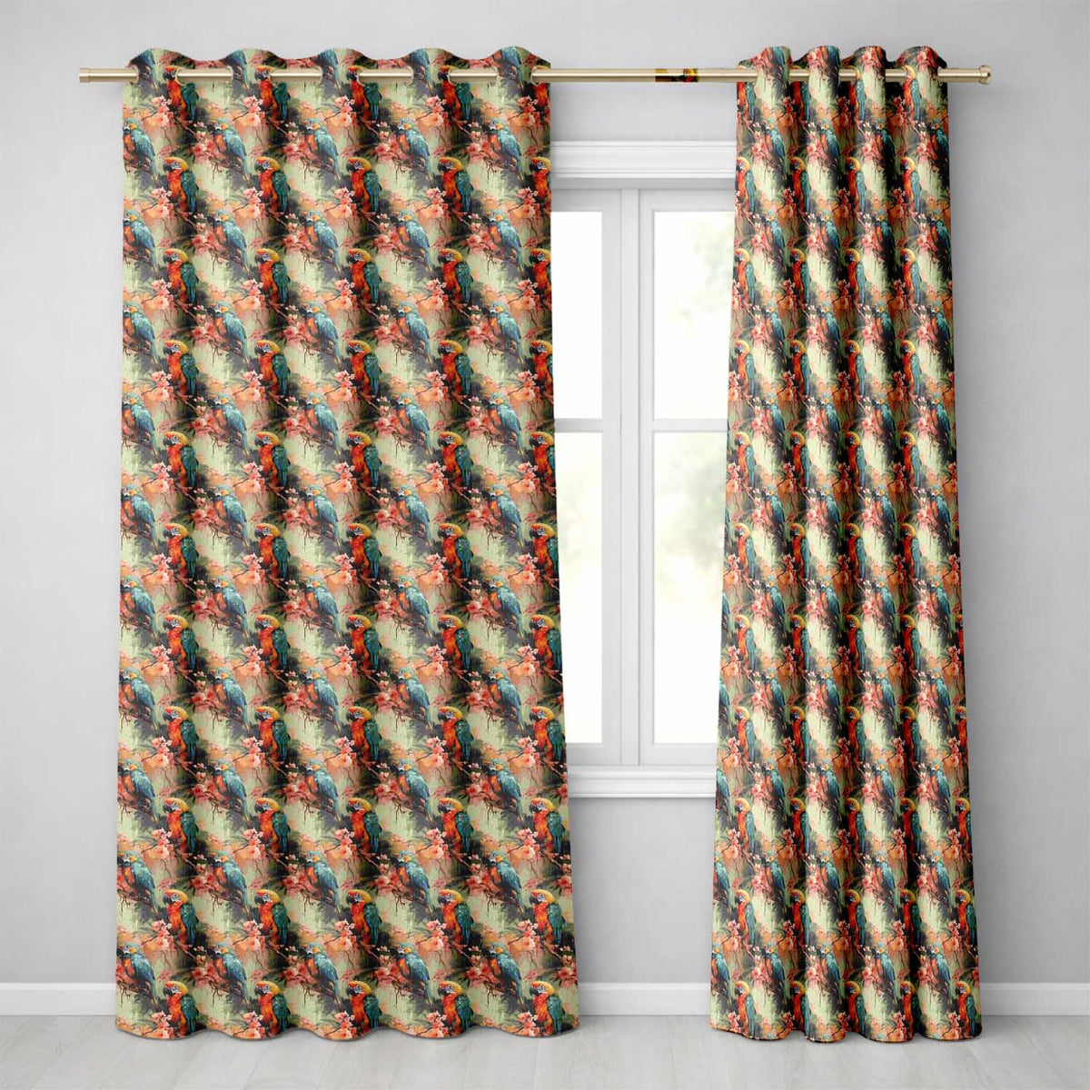 Exotic Parrot Birds with Blossom Branch Seamless Pattern Artistic Jungle  Readymade Eyelet Ring Top Thermal 100% Blackout Curtains