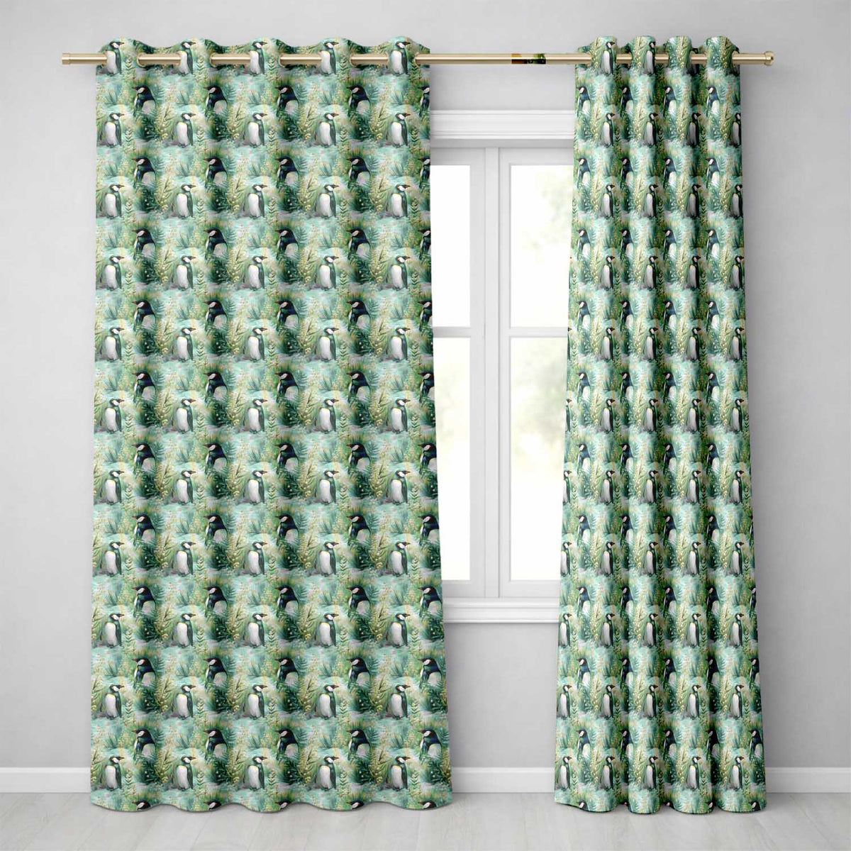 Gentle Penguin Birds in Meadow Grass Seamless Pattern Soft Nature  Readymade Eyelet Ring Top Thermal 100% Blackout Curtains