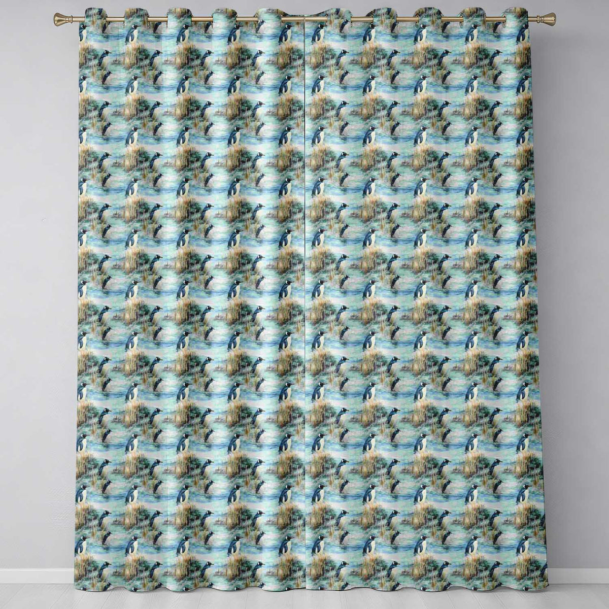 Penguin Birds by Water Grassland Seamless Pattern Artistic Nature  Readymade Eyelet Ring Top Thermal 100% Blackout Curtains