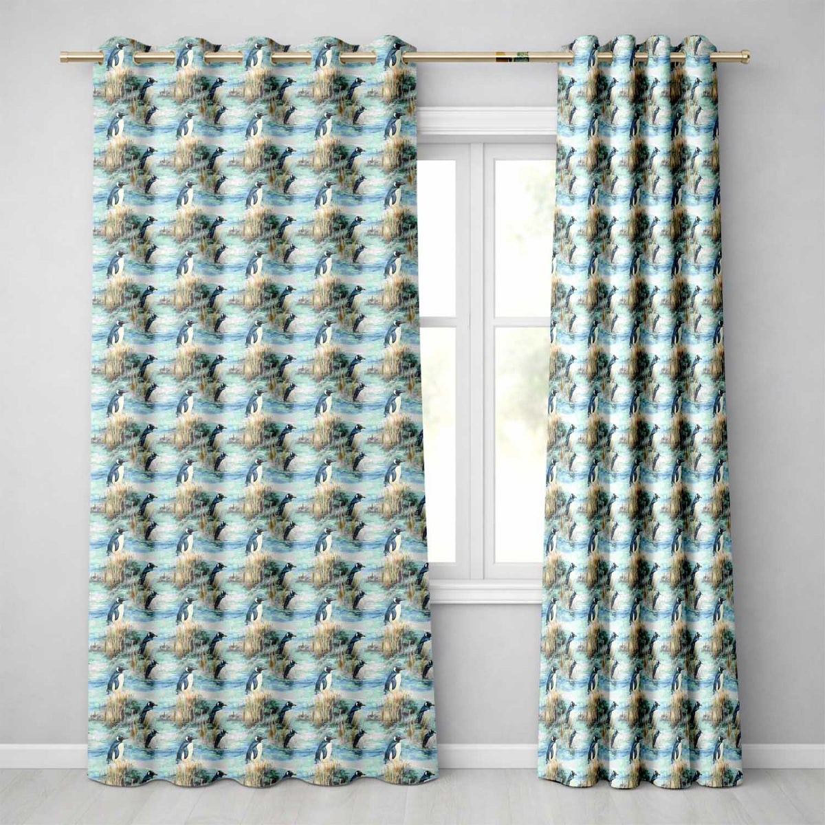 Penguin Birds by Water Grassland Seamless Pattern Artistic Nature  Readymade Eyelet Ring Top Thermal 100% Blackout Curtains