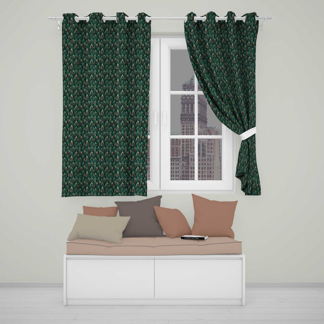 Decorative Pine Leaf Pattern Seamless Botanical Woodland  Readymade Eyelet Ring Top Thermal 100% Blackout Curtains