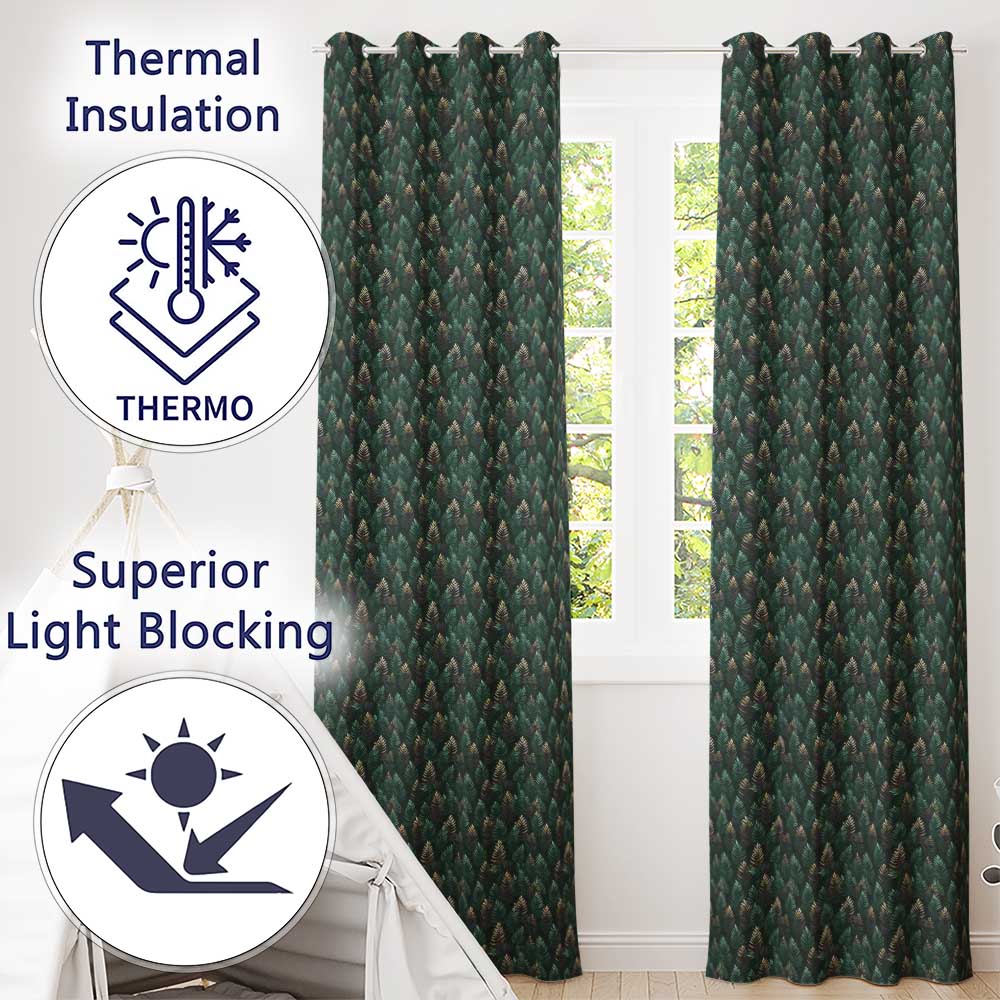Decorative Pine Leaf Pattern Seamless Botanical Woodland  Readymade Eyelet Ring Top Thermal 100% Blackout Curtains