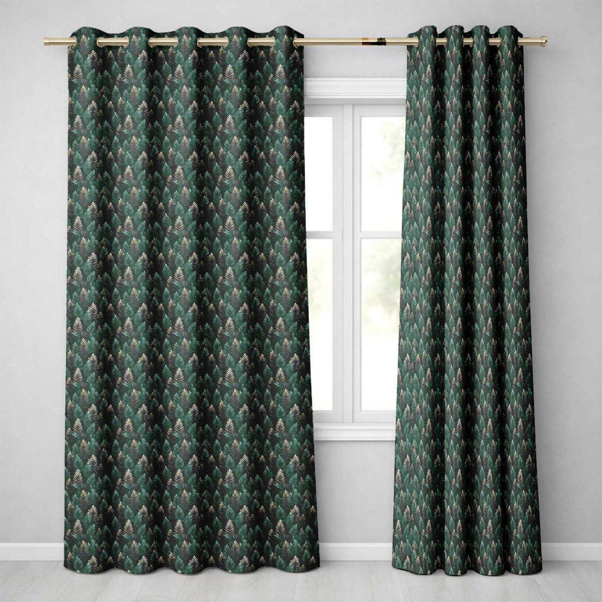 Decorative Pine Leaf Pattern Seamless Botanical Woodland  Readymade Eyelet Ring Top Thermal 100% Blackout Curtains