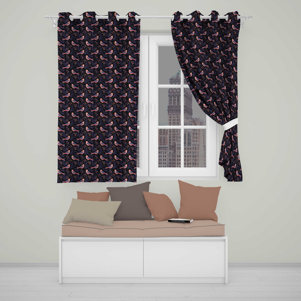 Cute Pink Blue Birds with Leaves Seamless Pattern Night Garden  Readymade Eyelet Ring Top Thermal 100% Blackout Curtains