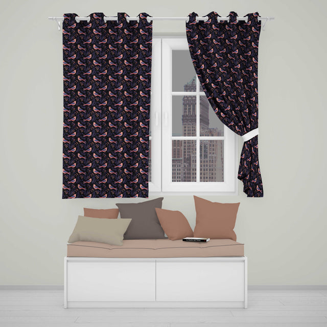 Cute Pink Blue Birds with Leaves Seamless Pattern Night Garden  Readymade Eyelet Ring Top Thermal 100% Blackout Curtains