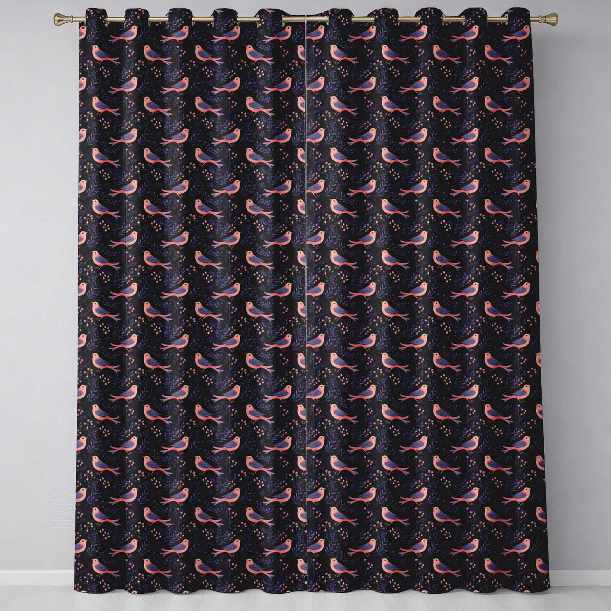 Cute Pink Blue Birds with Leaves Seamless Pattern Night Garden  Readymade Eyelet Ring Top Thermal 100% Blackout Curtains