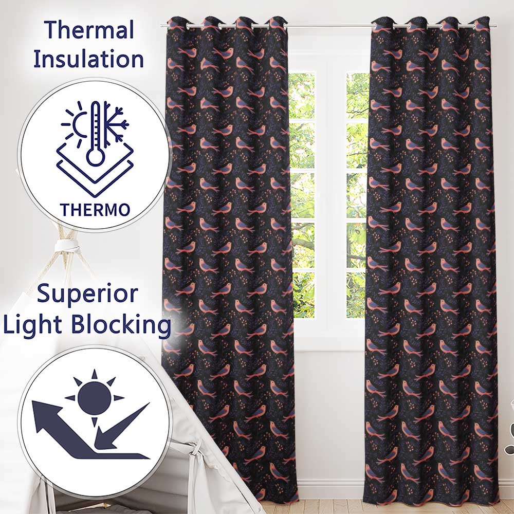 Cute Pink Blue Birds with Leaves Seamless Pattern Night Garden  Readymade Eyelet Ring Top Thermal 100% Blackout Curtains