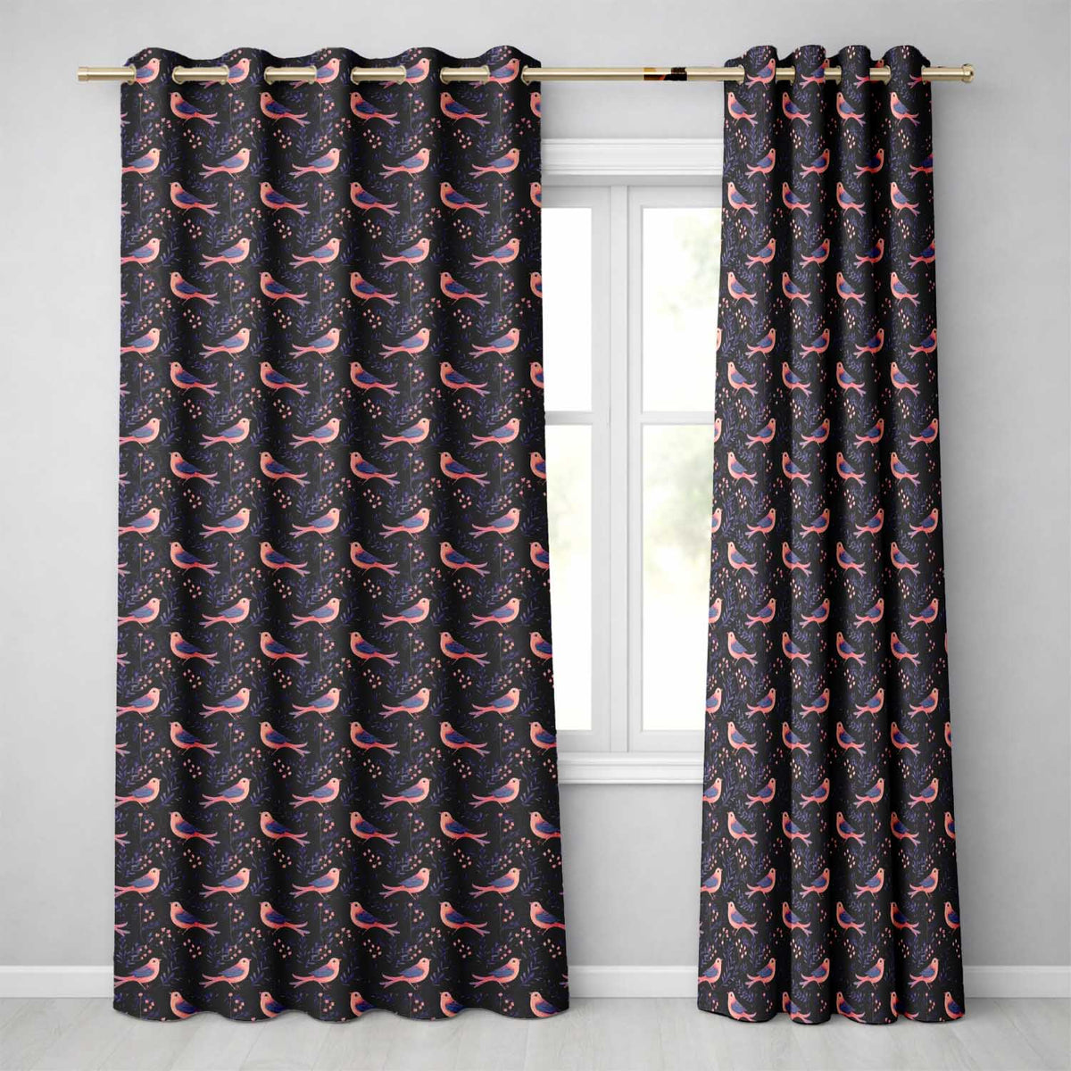 Cute Pink Blue Birds with Leaves Seamless Pattern Night Garden  Readymade Eyelet Ring Top Thermal 100% Blackout Curtains