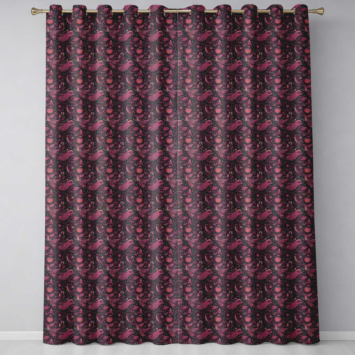 Ornate Folk Art Birds Floral Seamless Pattern Decorative Nature  Readymade Eyelet Ring Top Thermal 100% Blackout Curtains