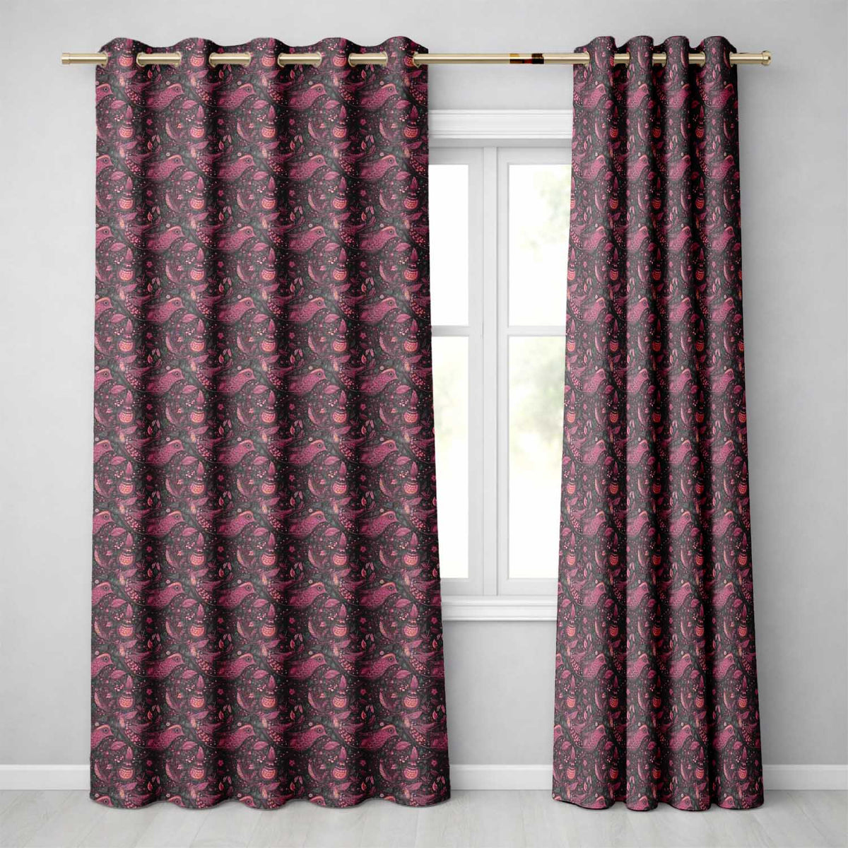 Ornate Folk Art Birds Floral Seamless Pattern Decorative Nature  Readymade Eyelet Ring Top Thermal 100% Blackout Curtains