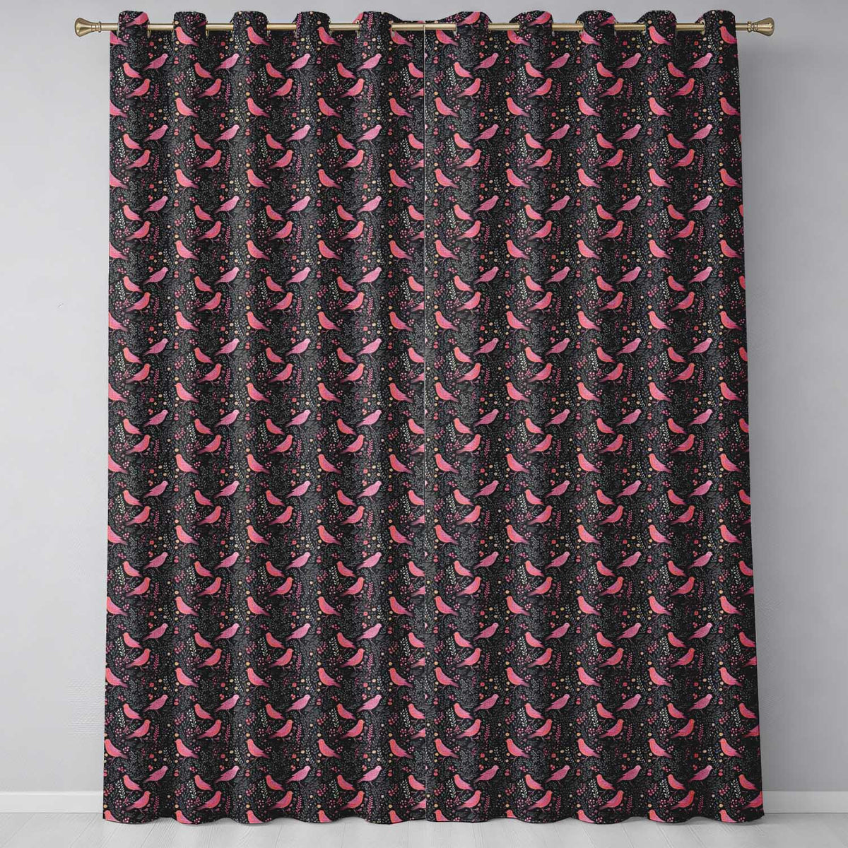 Colorful Birds and Wildflowers Seamless Pattern Dark Meadow  Readymade Eyelet Ring Top Thermal 100% Blackout Curtains