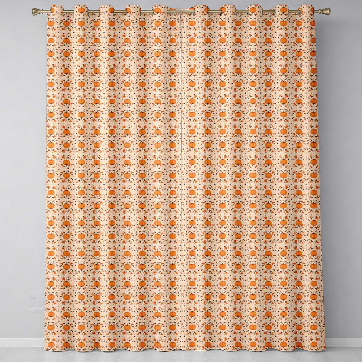 Autumn Pumpkins and Swirling Leaves Seamless Pattern Warm Beige Background  Readymade Eyelet Ring Top Thermal 100% Blackout Curtains