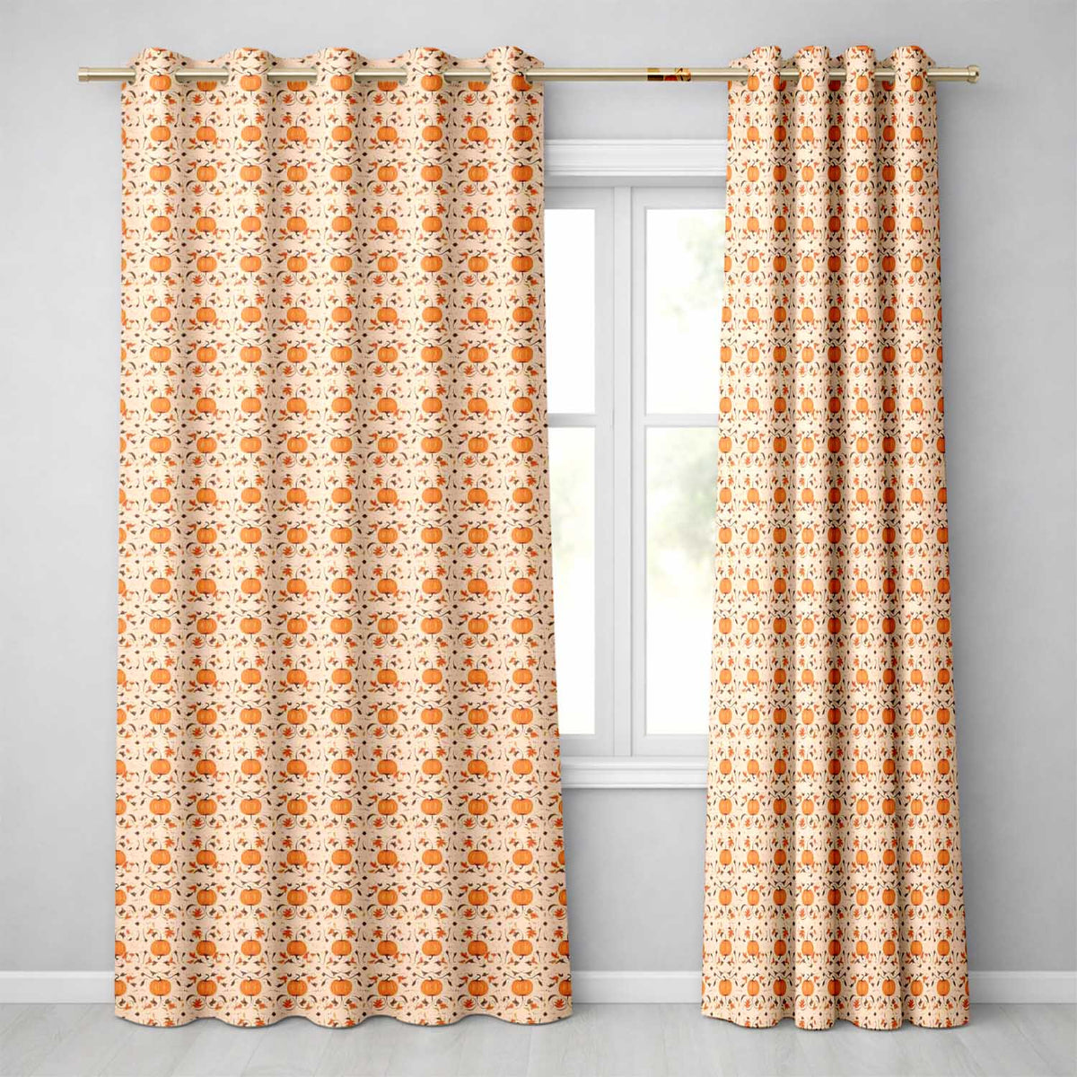 Autumn Pumpkins and Swirling Leaves Seamless Pattern Warm Beige Background  Readymade Eyelet Ring Top Thermal 100% Blackout Curtains
