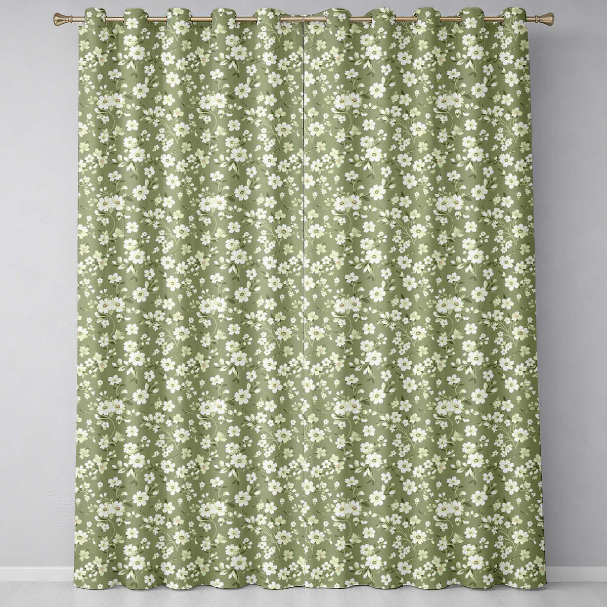 Elegant White Floral Blossoms on Sage Green Seamless Pattern Vintage Style  Readymade Eyelet Ring Top Thermal 100% Blackout Curtains