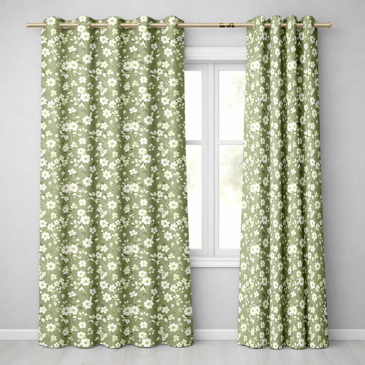 Elegant White Floral Blossoms on Sage Green Seamless Pattern Vintage Style  Readymade Eyelet Ring Top Thermal 100% Blackout Curtains