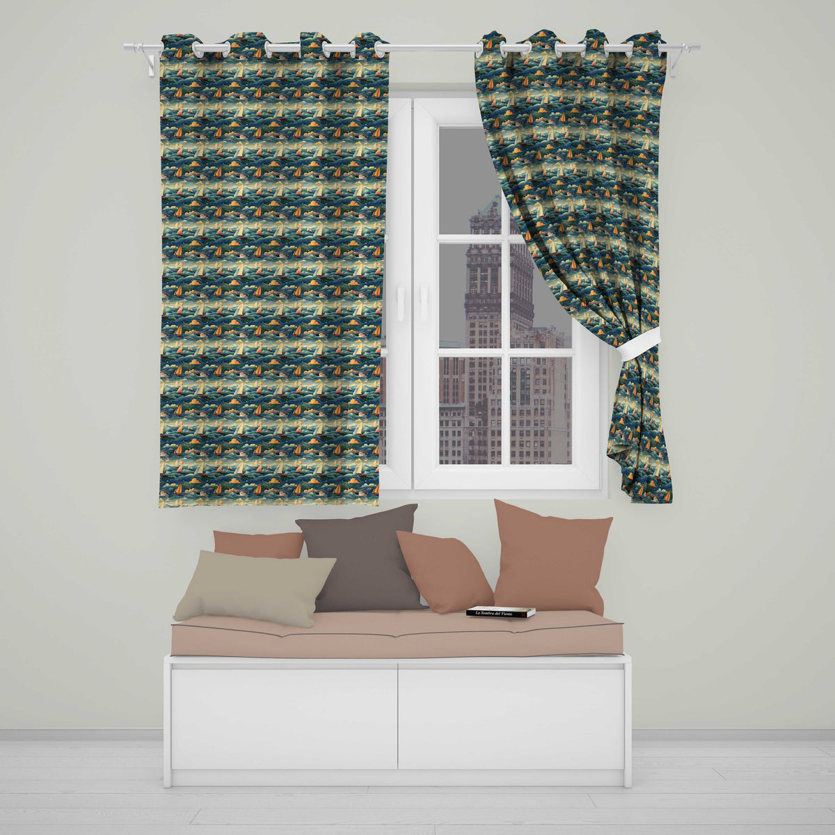 Colorful Ocean Waves Sailboats Scenic Seamless Pattern Dramatic Sea  Readymade Eyelet Ring Top Thermal 100% Blackout Curtains