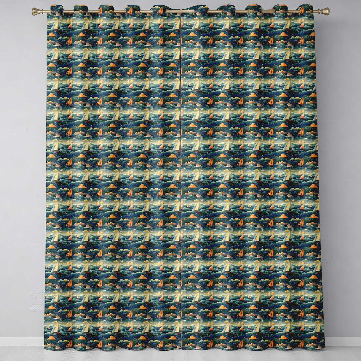 Colorful Ocean Waves Sailboats Scenic Seamless Pattern Dramatic Sea  Readymade Eyelet Ring Top Thermal 100% Blackout Curtains
