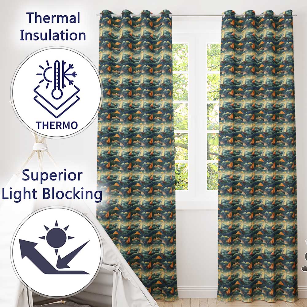Colorful Ocean Waves Sailboats Scenic Seamless Pattern Dramatic Sea  Readymade Eyelet Ring Top Thermal 100% Blackout Curtains