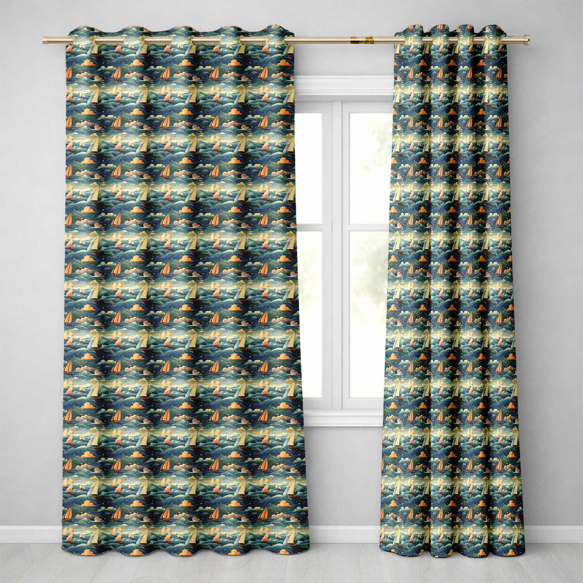 Colorful Ocean Waves Sailboats Scenic Seamless Pattern Dramatic Sea  Readymade Eyelet Ring Top Thermal 100% Blackout Curtains