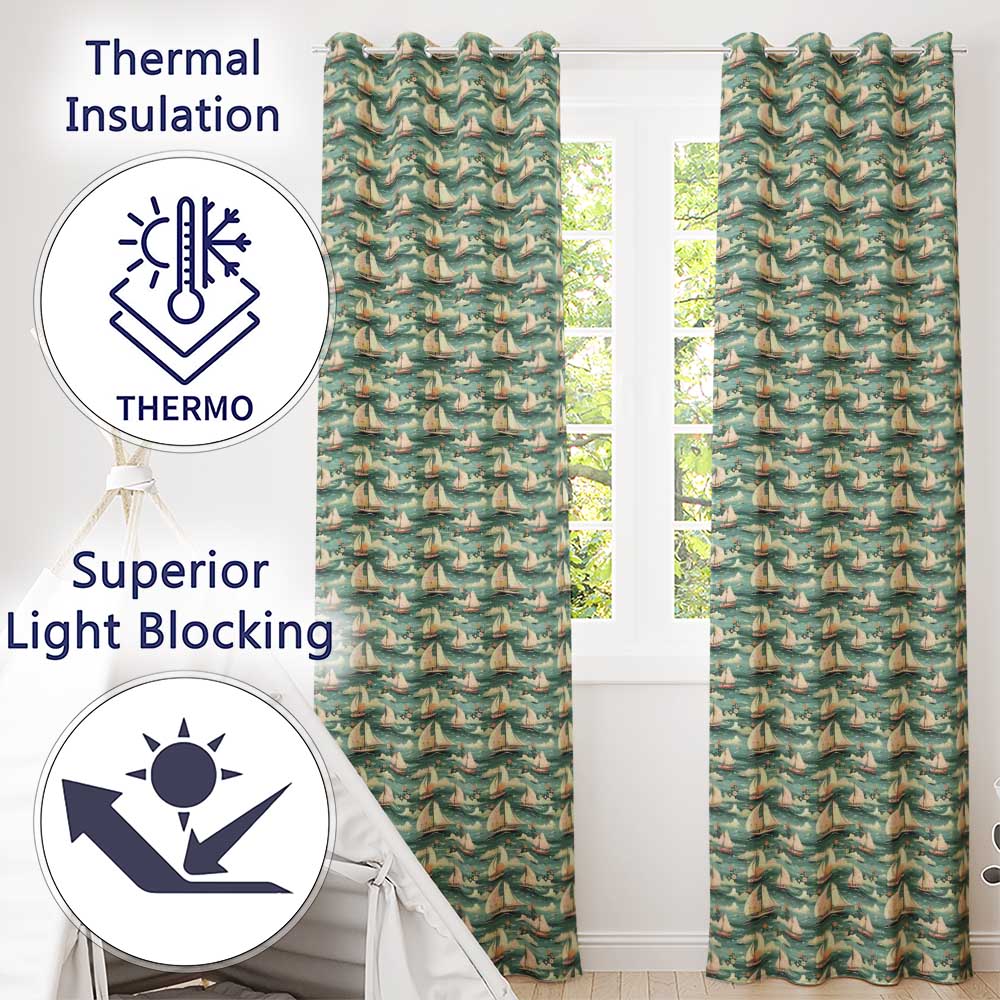 Charming Sailboats Floral Sea Seamless Pattern Whimsical Coastal Design  Readymade Eyelet Ring Top Thermal 100% Blackout Curtains