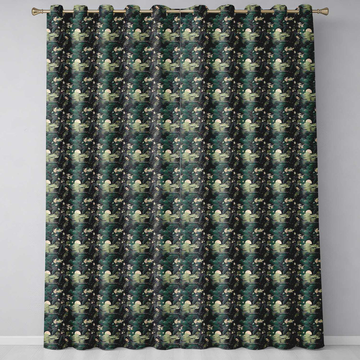 Mystical Japanese Warrior Moonlight Floral Seamless Pattern Fantasy Art  Readymade Eyelet Ring Top Thermal 100% Blackout Curtains