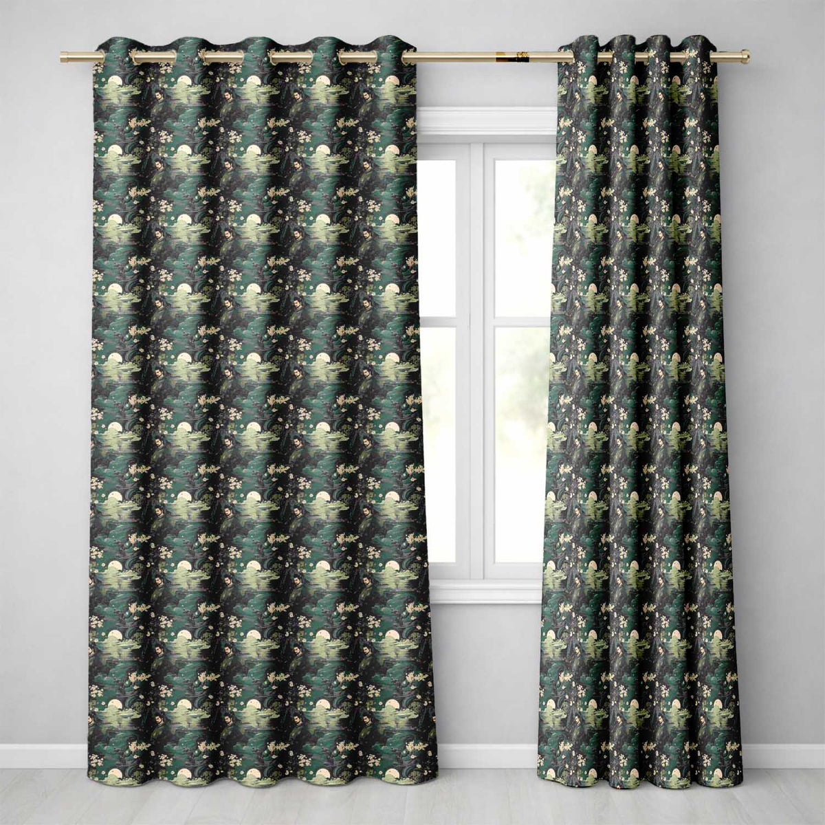 Mystical Japanese Warrior Moonlight Floral Seamless Pattern Fantasy Art  Readymade Eyelet Ring Top Thermal 100% Blackout Curtains