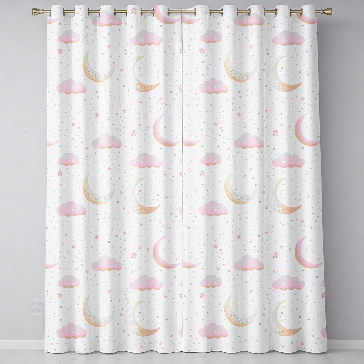 Pink Moon Clouds Stars Dreamy Night Sky Seamless Pattern Soft Pastel  Readymade Eyelet Ring Top Thermal 100% Blackout Curtains