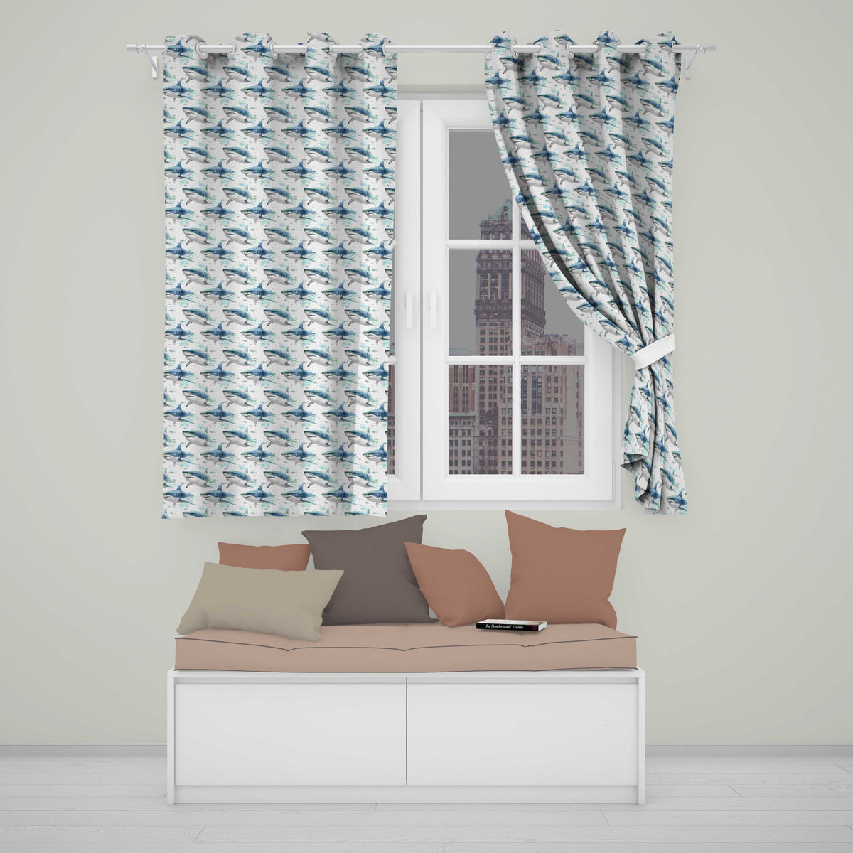 Blue Shark Underwater Ocean Seamless Pattern Light Sea Background  Readymade Eyelet Ring Top Thermal 100% Blackout Curtains
