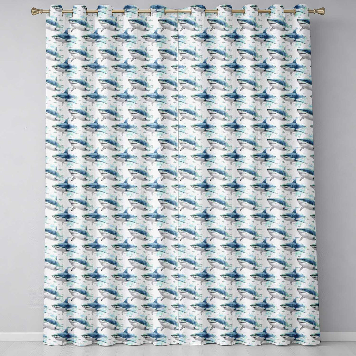 Blue Shark Underwater Ocean Seamless Pattern Light Sea Background  Readymade Eyelet Ring Top Thermal 100% Blackout Curtains