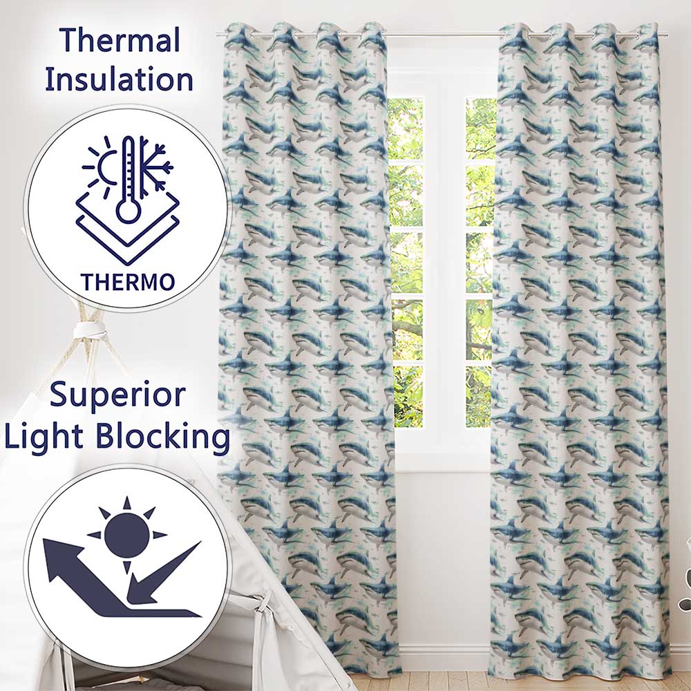 Blue Shark Underwater Ocean Seamless Pattern Light Sea Background  Readymade Eyelet Ring Top Thermal 100% Blackout Curtains