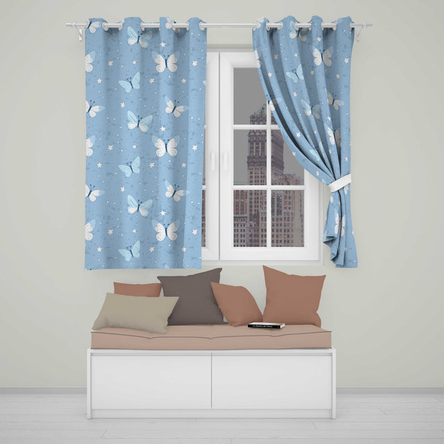 Blue Butterflies Stars Dreamy Sky Seamless Pattern Soft Pastel Background  Readymade Eyelet Ring Top Thermal 100% Blackout Curtains