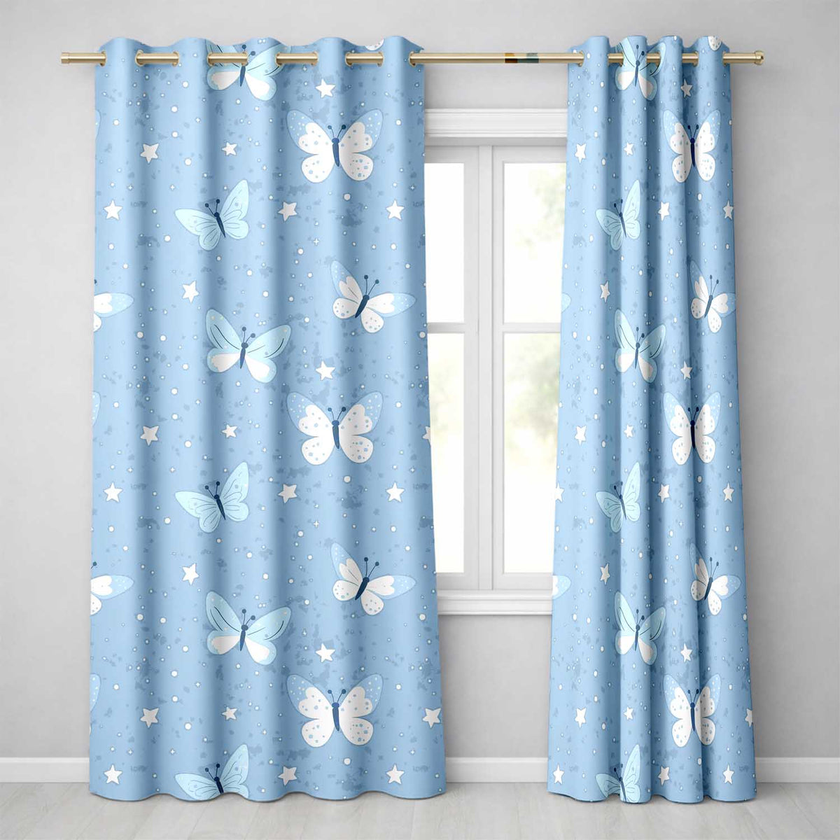 Blue Butterflies Stars Dreamy Sky Seamless Pattern Soft Pastel Background  Readymade Eyelet Ring Top Thermal 100% Blackout Curtains
