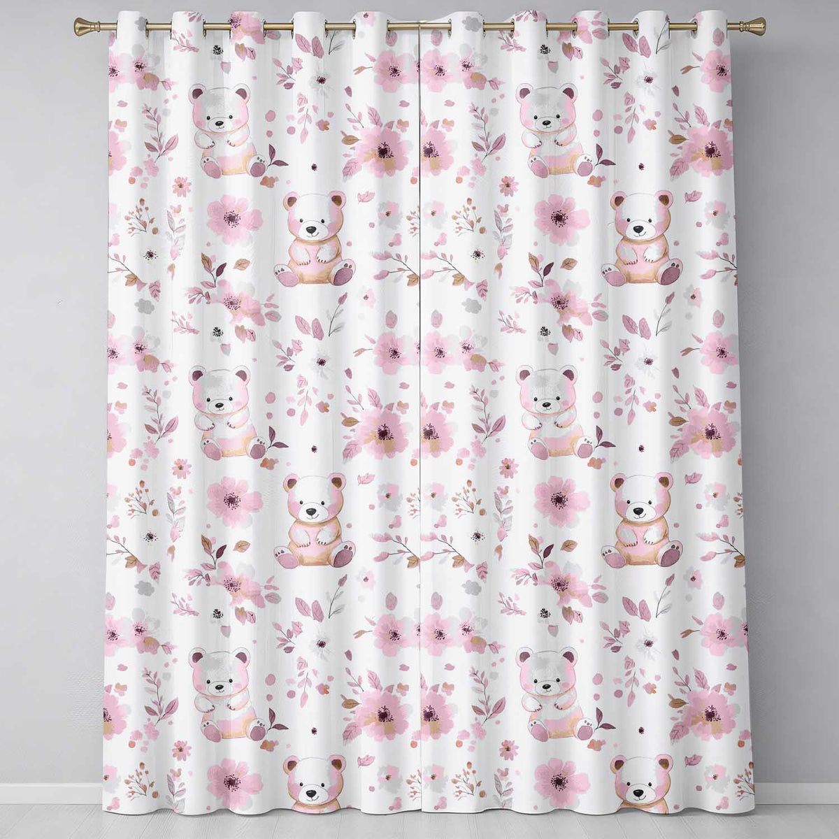 Cute Teddy Bear Pink Floral Seamless Pattern Baby Nursery Design  Readymade Eyelet Ring Top Thermal 100% Blackout Curtains
