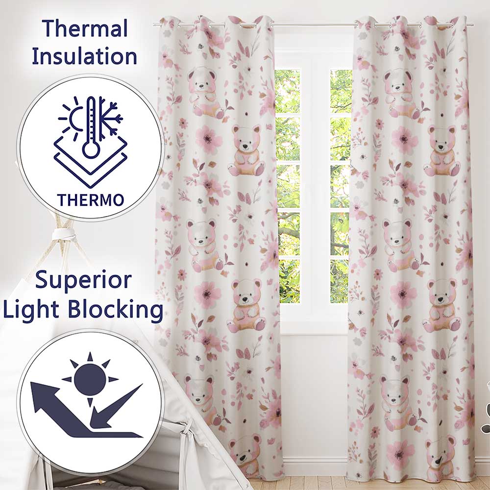 Cute Teddy Bear Pink Floral Seamless Pattern Baby Nursery Design  Readymade Eyelet Ring Top Thermal 100% Blackout Curtains