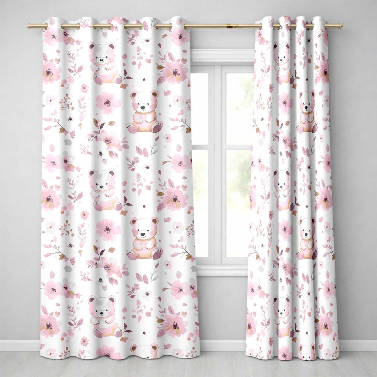 Cute Teddy Bear Pink Floral Seamless Pattern Baby Nursery Design  Readymade Eyelet Ring Top Thermal 100% Blackout Curtains
