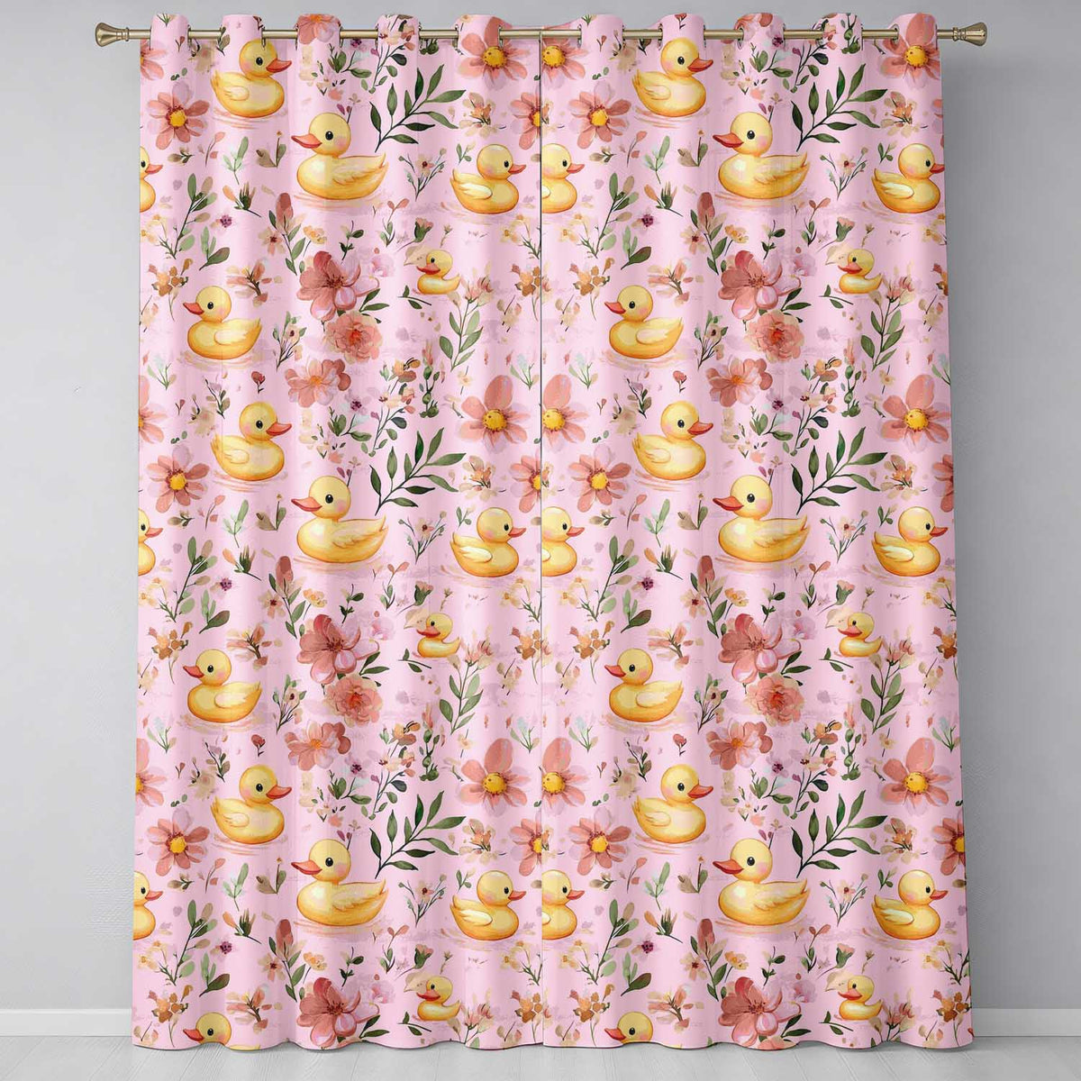 Cute Yellow Duck Floral Seamless Pattern Soft Pink Background Nursery Design  Readymade Eyelet Ring Top Thermal 100% Blackout Curtains