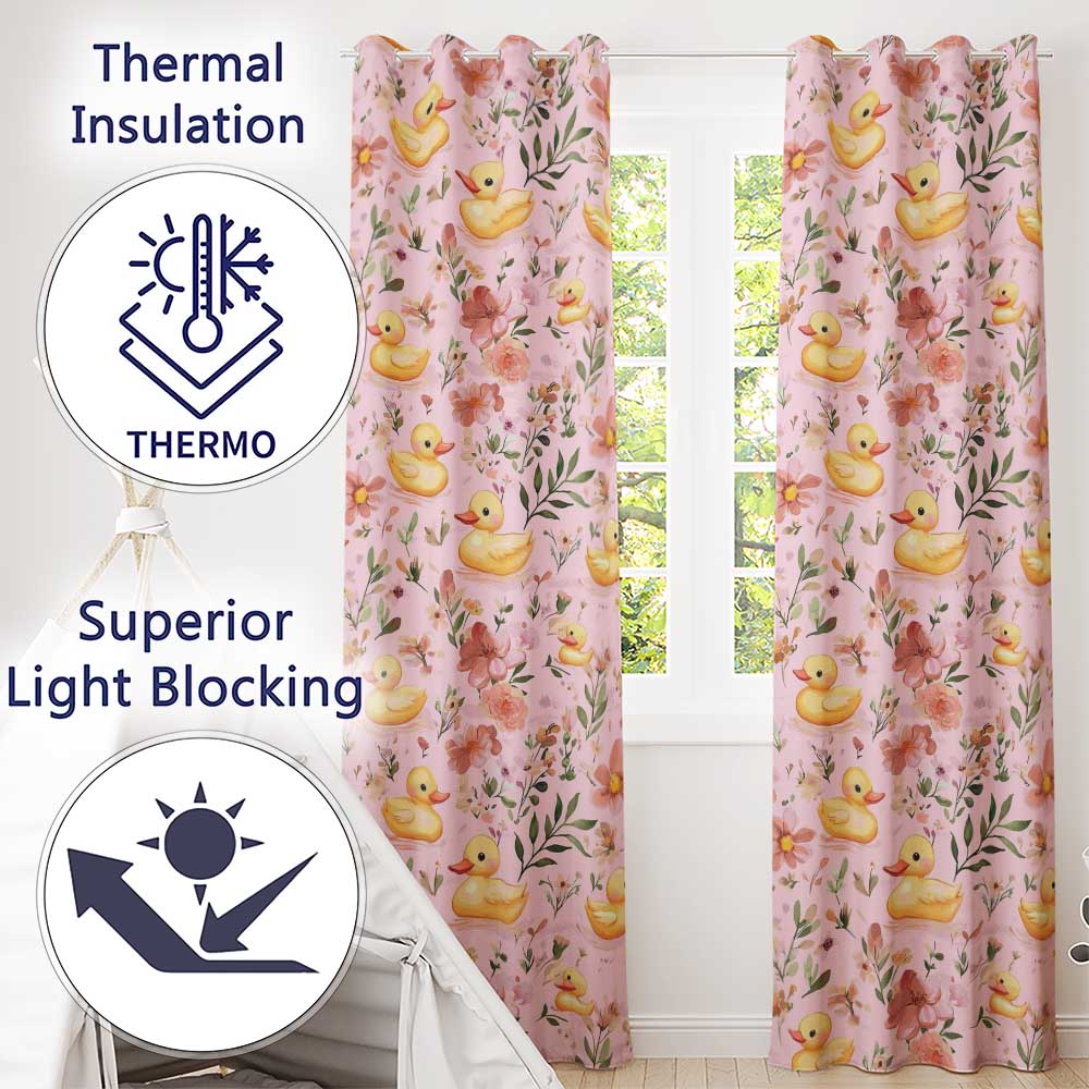 Cute Yellow Duck Floral Seamless Pattern Soft Pink Background Nursery Design  Readymade Eyelet Ring Top Thermal 100% Blackout Curtains