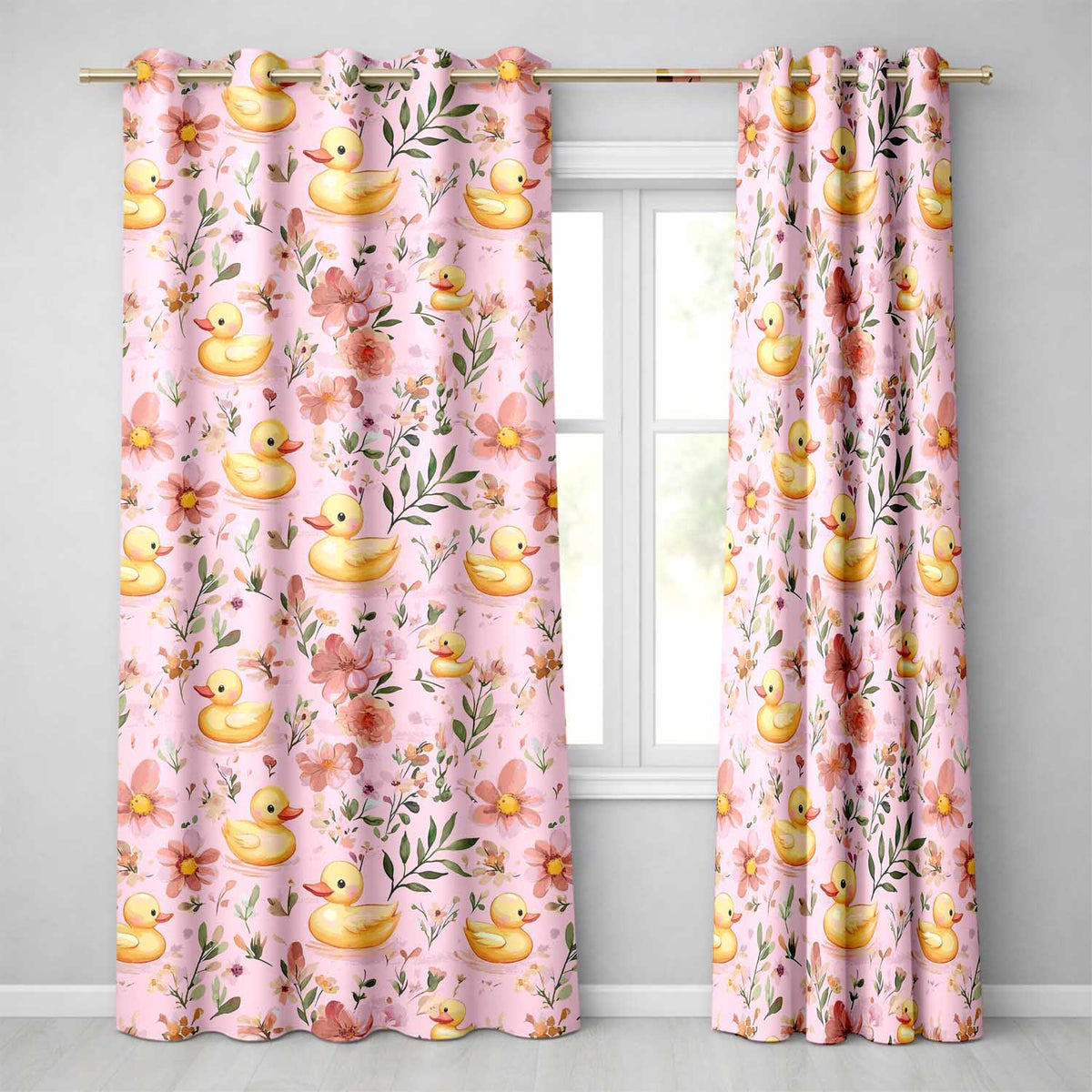 Cute Yellow Duck Floral Seamless Pattern Soft Pink Background Nursery Design  Readymade Eyelet Ring Top Thermal 100% Blackout Curtains