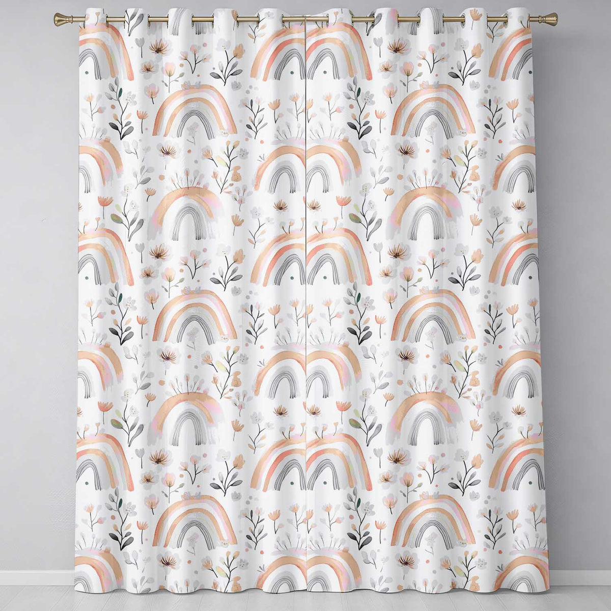 Boho Rainbow Flowers Seamless Pattern Soft Neutral Pastel Background Design  Readymade Eyelet Ring Top Thermal 100% Blackout Curtains