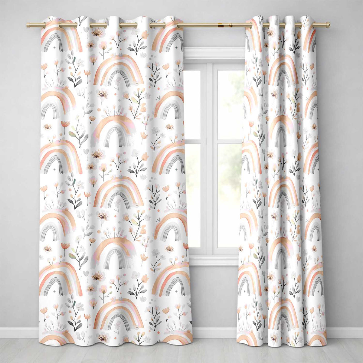 Boho Rainbow Flowers Seamless Pattern Soft Neutral Pastel Background Design  Readymade Eyelet Ring Top Thermal 100% Blackout Curtains