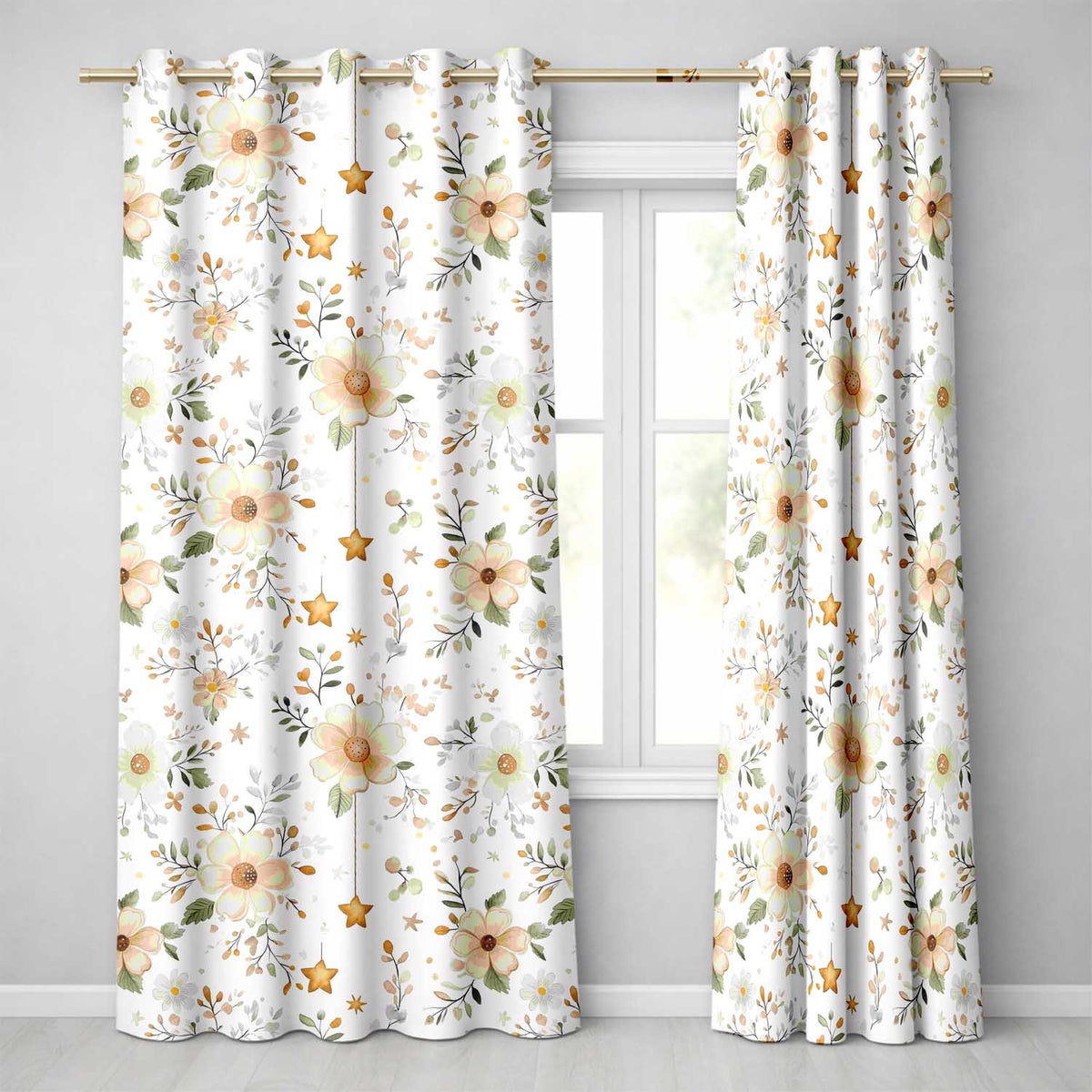 Soft Beige Floral Stars Botanical Seamless Pattern Elegant Neutral Background  Readymade Eyelet Ring Top Thermal 100% Blackout Curtains