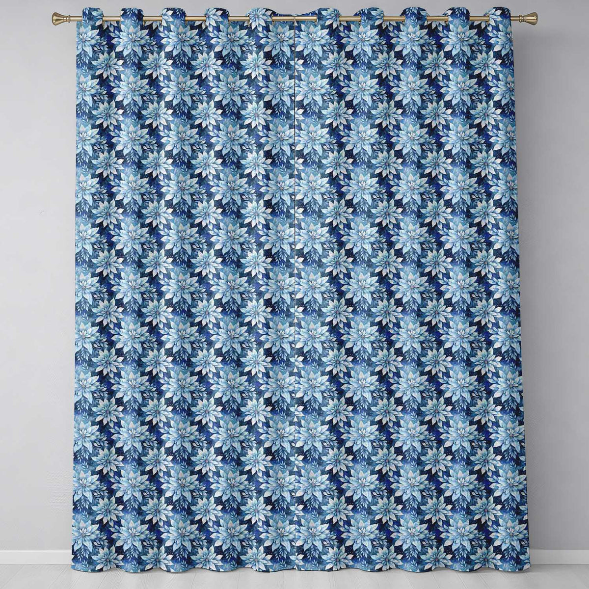 Blue Poinsettia Floral Winter Seamless Pattern Elegant Christmas Background  Readymade Eyelet Ring Top Thermal 100% Blackout Curtains