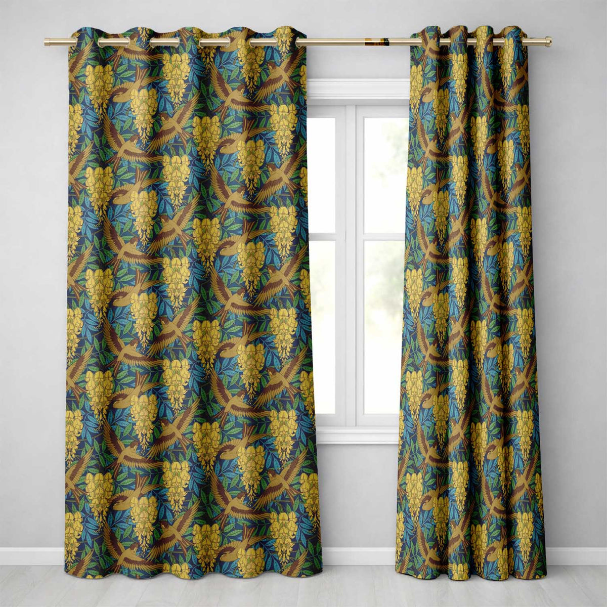 Golden Birds and Wisteria Floral Seamless Pattern Art Nouveau Nature Design  Readymade Eyelet Ring Top Thermal 100% Blackout Curtains
