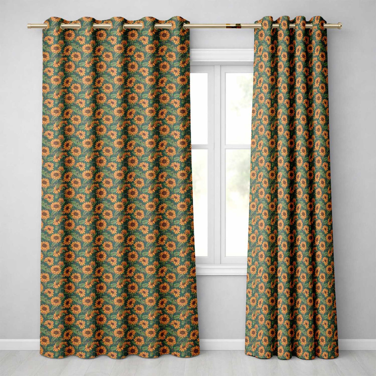 Dark Green Sunflower Floral Seamless Pattern Rich Botanical Garden Design  Readymade Eyelet Ring Top Thermal 100% Blackout Curtains