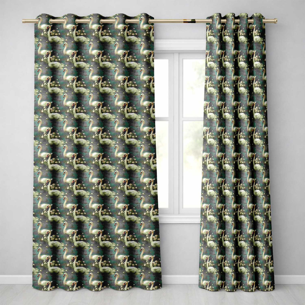 Graceful Swan Lake Floral Seamless Pattern Classic Botanical Water Scene  Readymade Eyelet Ring Top Thermal 100% Blackout Curtains