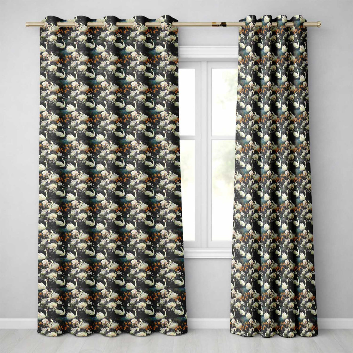 Luxury Swan Floral Night Lake Seamless Pattern Elegant Botanical Scene  Readymade Eyelet Ring Top Thermal 100% Blackout Curtains